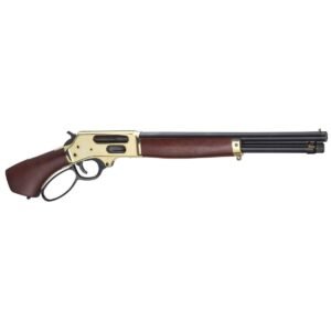 Golden lever-action rifle with a dark wooden stock and barrel, featuring a classic design.