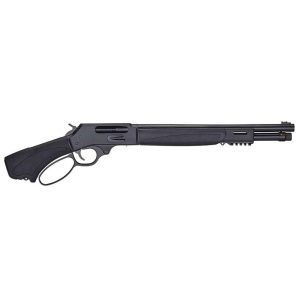 Black lever-action rifle with a matte finish and textured grip, featuring a round barrel and loop lever.