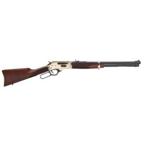 Lever-action rifle with a brass-finished receiver, dark wood stock, and black barrel.