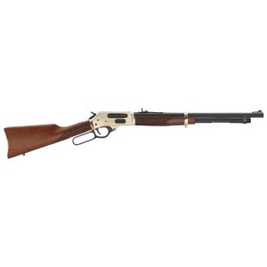 Lever-action rifle with a polished brass receiver and dark walnut stock, featuring intricate engravings on the wood. The barrel is long and black, accentuated by a brass band.
