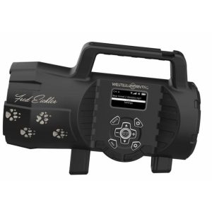 Portable black electronic game call device with a handle, digital display, and control buttons, featuring paw print designs and "Fred Eichler" signature on the side.