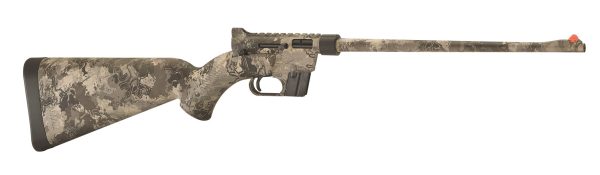 Camo-patterned rifle with a long barrel and an orange front sight, featuring intricate grey and black detailing.
