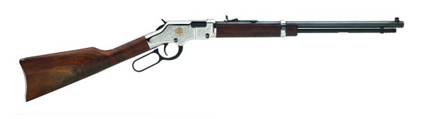 A lever-action rifle with a polished silver receiver and ornate engravings, featuring a dark wooden stock and forearm with rich grain patterns.