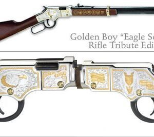 Golden boy "eagle scout" rifle tribute edition with intricate gold and silver engravings on a classic lever-action gun, featuring a dark wood stock and detailed metalwork.