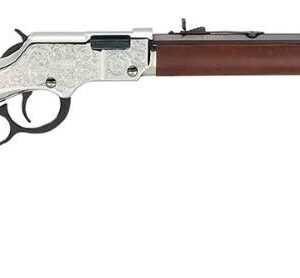 Lever-action rifle with a polished silver receiver, dark brown wooden stock and forend, and a black barrel.