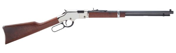 A silver and wood lever-action rifle with a polished finish.