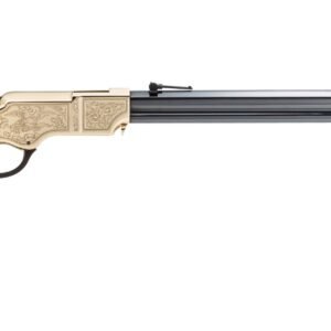 A lever-action rifle with a polished blued steel barrel, engraved gold-toned receiver, and richly grained wooden stock.