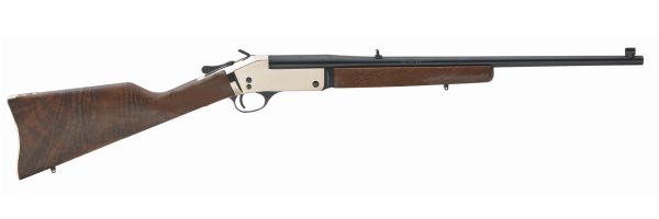 Brown wooden stock shotgun with black barrel and silver metal receiver.
