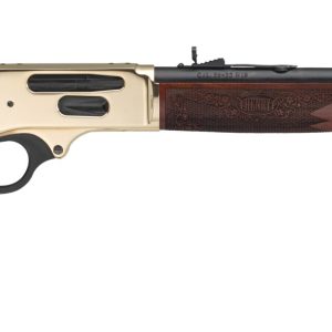 Lever-action rifle with a polished brass receiver, dark wood stock, and engraved details.