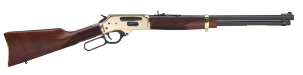 Lever-action rifle with a polished brass receiver, dark wood stock, and engraved details.