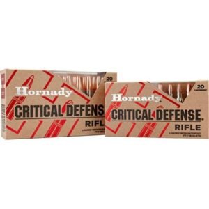 Alt text: "two boxes of hornady critical defense rifle ammunition with red and black design on brown packaging, containing 20 rounds each. "