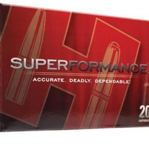 Box of hornady superformance rifle ammunition with three cartridges, featuring red and black packaging design with bold white lettering stating "accurate. Deadly. Dependable. "