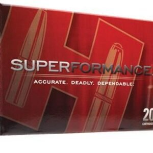 Red and black hornady superformance ammo box labeled "accurate. Deadly. Dependable. " with three rifle cartridges displayed around it.