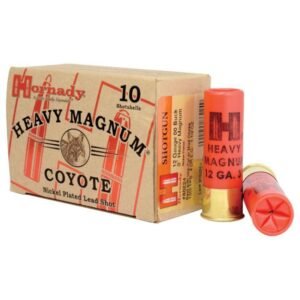 Hornady heavy magnum coyote 12-gauge shotshells with red casings, nickel-plated lead shot, and a tan box labeled for 10 shotshells.