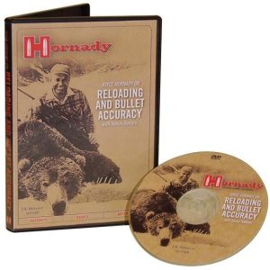 DVD cover and disc of "Hornady: Reloading and Bullet Accuracy" featuring tan and brown hues, with an image of Joyce Hornady with a bear on the cover.