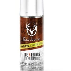 Alt text: "Buck Bomb Doe N Estrus synthetic scent spray can with brown and silver design."