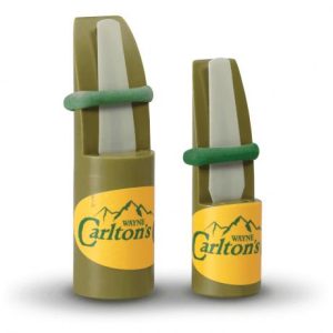 Olive green Wayne Carlton's elk calls with yellow logo and green bands.
