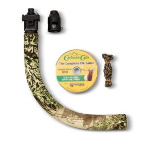 Camo-patterned elk caller tube with black mouthpiece, "Carlton's Calls" instructional DVD, and a small brown and black bowtie-shaped rope accessory.