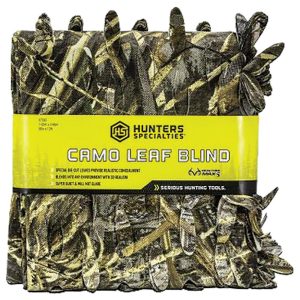 Camo leaf blind by Hunters Specialties with green, brown, and beige leaf patterns, packaged in a bright yellow label.