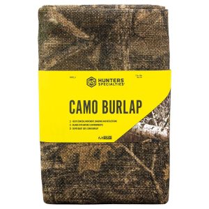 Brown and green camo burlap fabric in packaging with bright yellow label, featuring "Hunters Specialties" and product details.