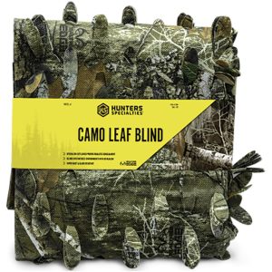 Camo leaf blind kit with green and brown foliage pattern, packaged with a bright yellow label from Hunters Specialties.