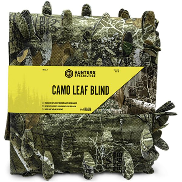 Camo leaf blind kit with green and brown foliage pattern, packaged with a bright yellow label from hunters specialties.