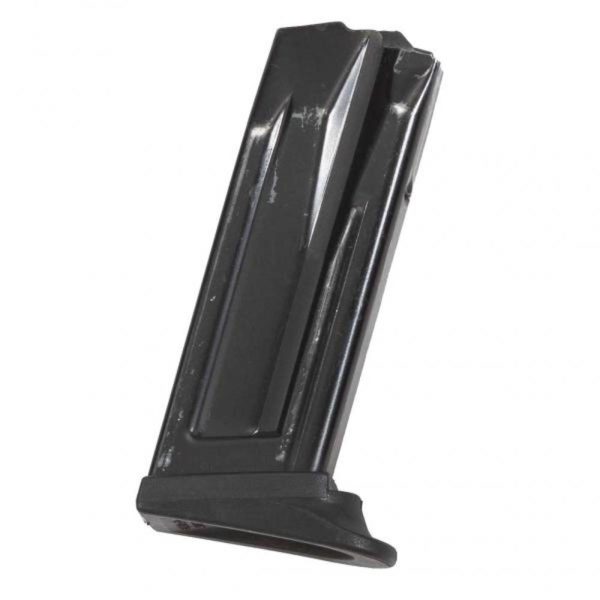 Black firearm magazine on a white background.