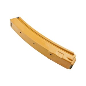 Yellow firearm magazine with a curved design, featuring visible notches and a smooth finish.