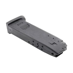 Black handgun magazine with visible markings and bullet capacity indicators.