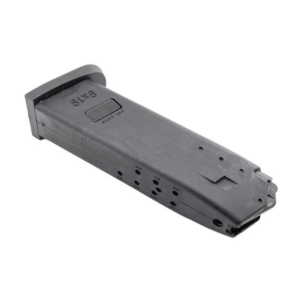 Black handgun magazine with visible markings and bullet capacity indicators.
