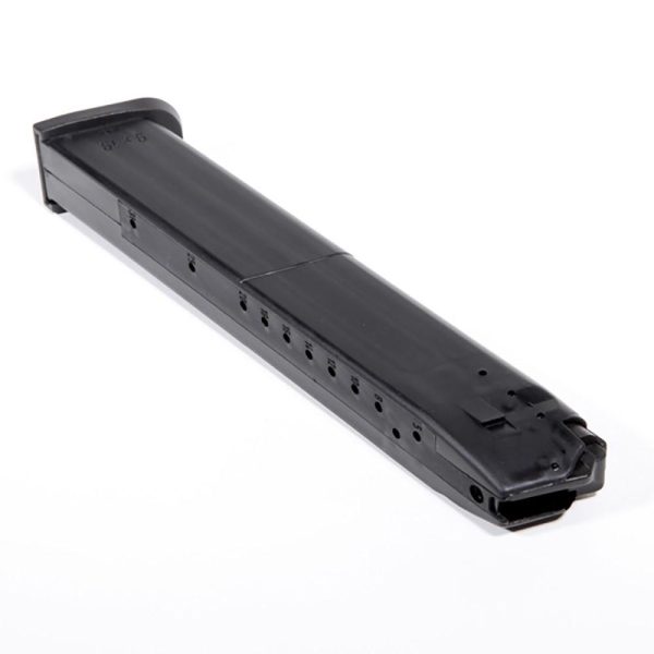 Black firearm magazine for ammunition on a white background.