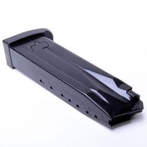 Black firearm magazine on a white background.