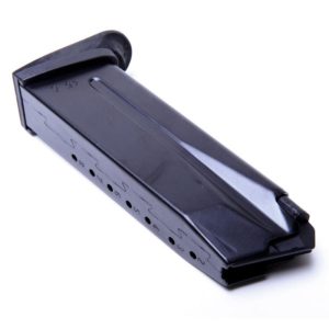 Black firearm magazine with bullet indicator holes, angled view.