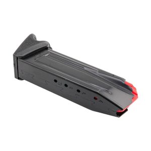 Black firearm magazine with red base, featuring side hole indicators and textured grip.