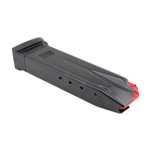 Black firearm magazine with red accents on the feed lip, suitable for guns and ammo storage.