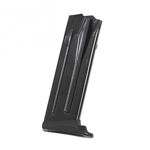 Black firearm magazine against a white background.