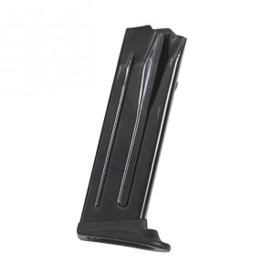 Black firearm magazine against a white background.