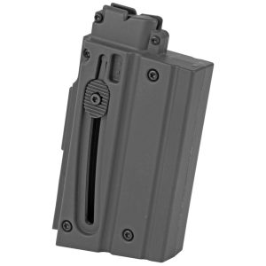 Gray firearm magazine with grooved surface and visible screws against a white background.