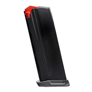 Black firearm magazine with a red follower on a white background.
