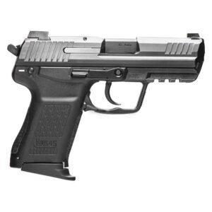 Black and silver semi-automatic handgun, hk45 model, with textured grip, isolated on white background.