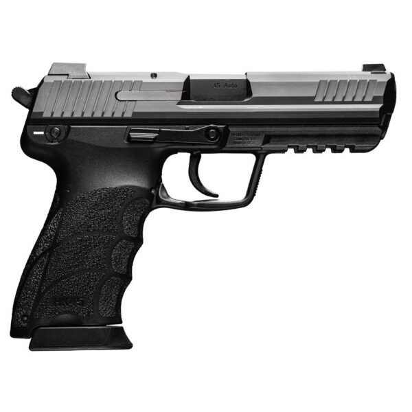 A black and silver semi-automatic handgun with textured grip and visible "45 auto" marking.