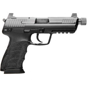 Black and gray semi-automatic handgun with textured grip and threaded barrel.