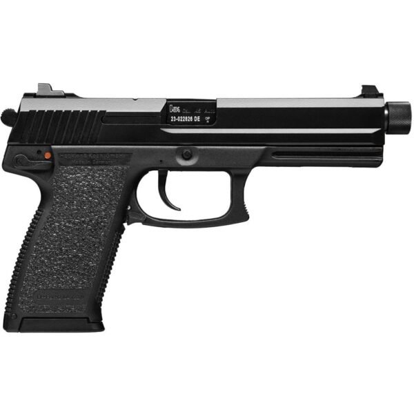 A black semi-automatic handgun with textured grip and threaded barrel, manufactured by heckler & koch, displayed on a white background.