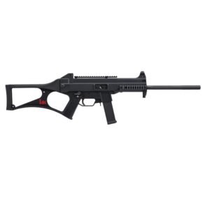 Black hk firearm with red logo and a rail system, featuring a distinctive open-frame stock design.