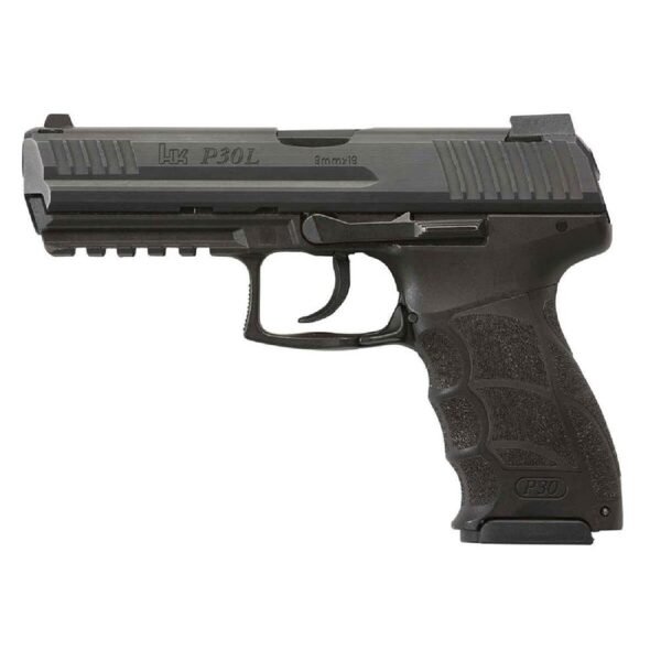 A black hk p30l 9mm pistol with textured grip and slide serrations.