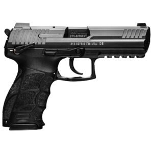 Black semi-automatic handgun with textured grip and safety switch, featuring detailed engravings on the slide.