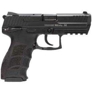 Black handgun with textured grip and slide, featuring tactical rail and safety switch.