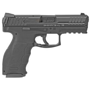 Black handgun with textured grip, model markings, and accessory rail.