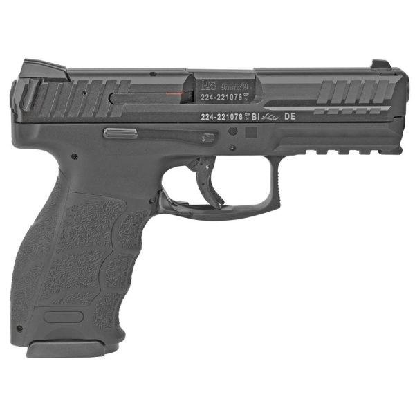 Black semi-automatic handgun with textured grip, visible serial number, and slide serrations.