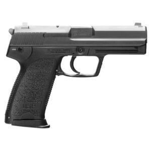 Black and silver semi-automatic handgun with textured grip, labeled "usp" on handle.